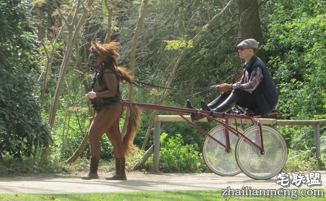 德国女子竟扮成马拉车,男子端坐驾驭她!